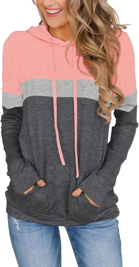 "Cozy and Stylish Women'S Color Block Hoodie with Drawstring and Pocket - Perfect for Casual Outfits (S-XXL)"