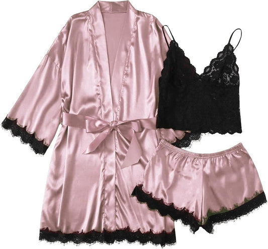"Seductive Lace Cami Set: Luxurious Satin Silk Lingerie with Matching Shorts, Robe, and Pajamas for Women"