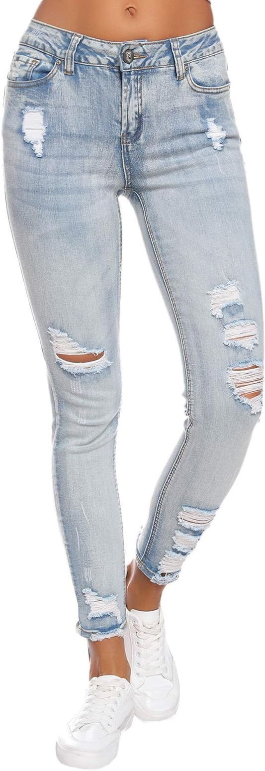 "Ultimate Style and Comfort: Trendy Women'S Ripped Boyfriend Jeans - Stretchy, Distressed, and Capri Length with Fashionable Holes!"