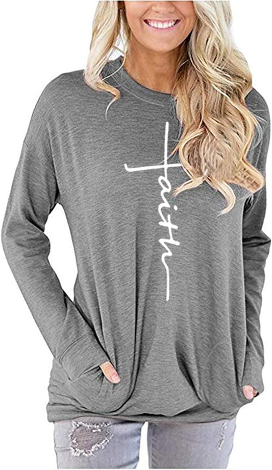 "Faithful Comfort: Women'S Casual Sweatshirt with Faith Print and Convenient Pocket"