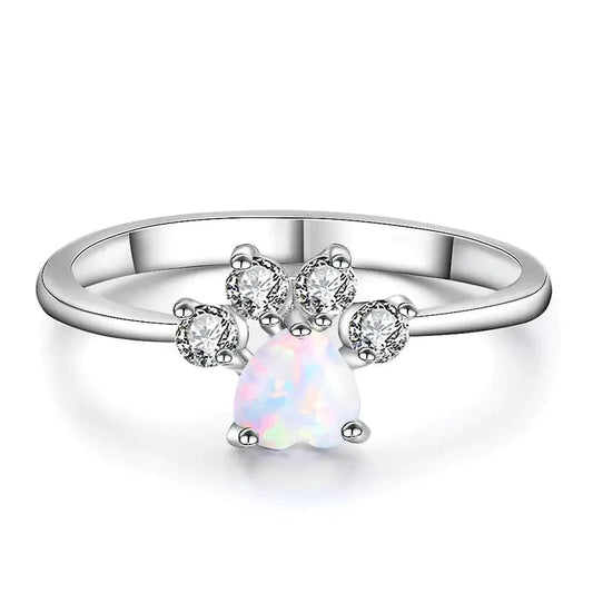 "Sparkling Rainbow Fire Opal Animal Paw Rings - Adorable Bear, Cat, and Dog Designs with Dazzling Zircon Heart Claws - Perfect for Women!"