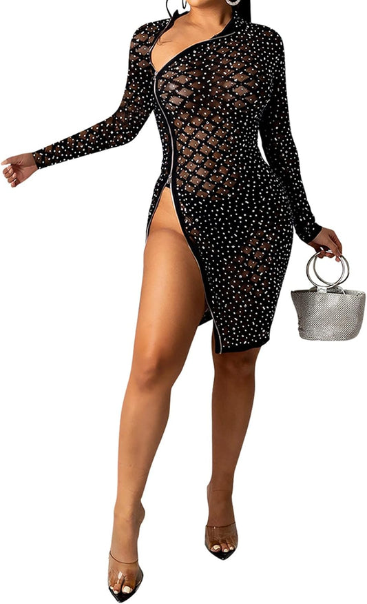 "Stunning Black Bodycon Dress: Women'S Sexy See-Through Hot Drilling Dress with Long Sleeves and Zipper Side Split - Perfect for Club Parties and Mini Dress Lovers!"